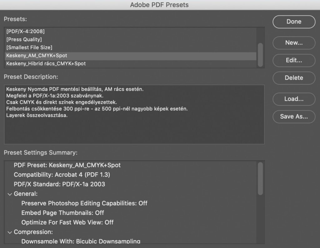 PS PDF Presets window