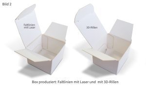 Box produziert: Faltlinien mit Laser und mit 3D-Rillen