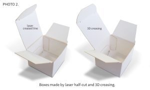 Boxes made by laser half-cut and 3D creasing.